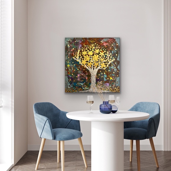 The Wishing Tree - a handmade acrylic textured painting on a 14x14-inch canvas. - Picture 4 of 10